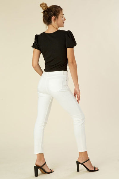 Shirred V-Neck Short Puff Sleeve Top