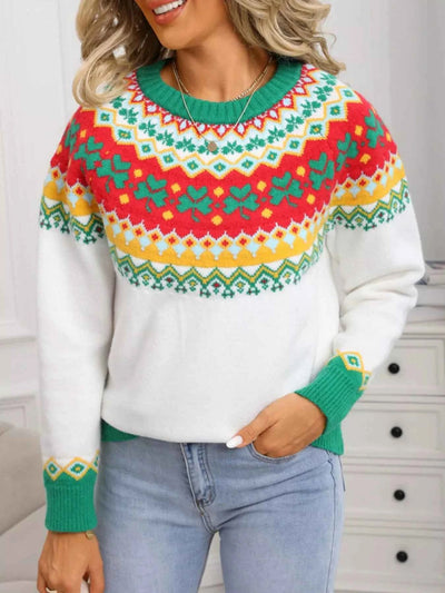 Clover Pattern Sweater - Long Sleeve Knitted Round Neck - Fashions Envy