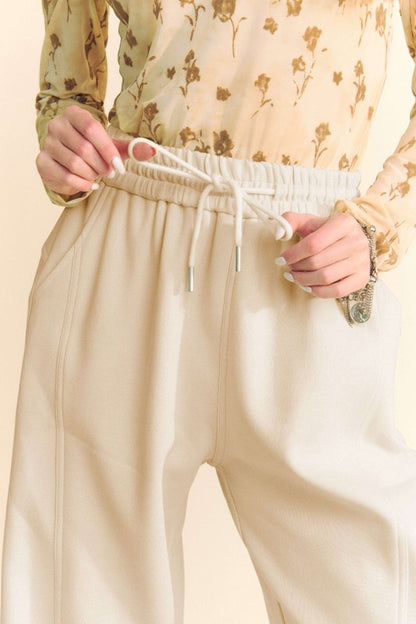 Cream Drawstring Wide Leg Sweatpants