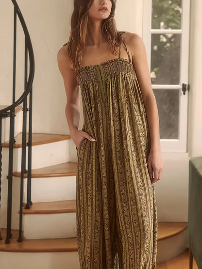 Sleeveless Flowy Vibrant Striped Jumpsuit with Lace Trim