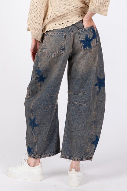 Dark Denim Star Wide Leg Jeans with Pockets