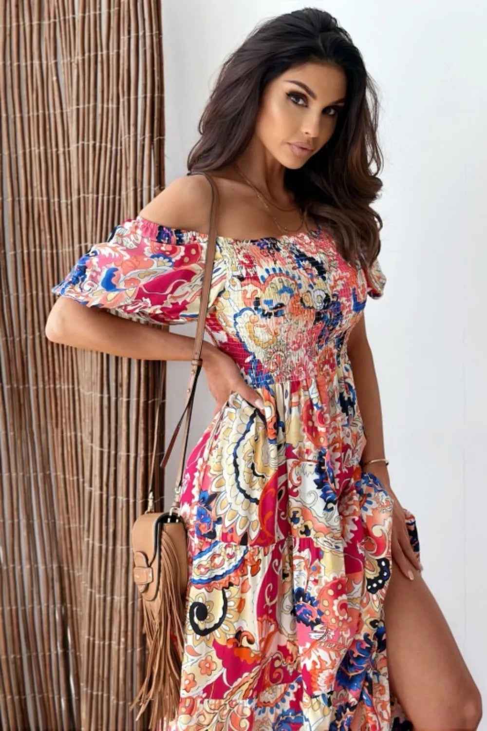 Smocked Bodice Maxi Dress - Printed Short Sleeve Flowy