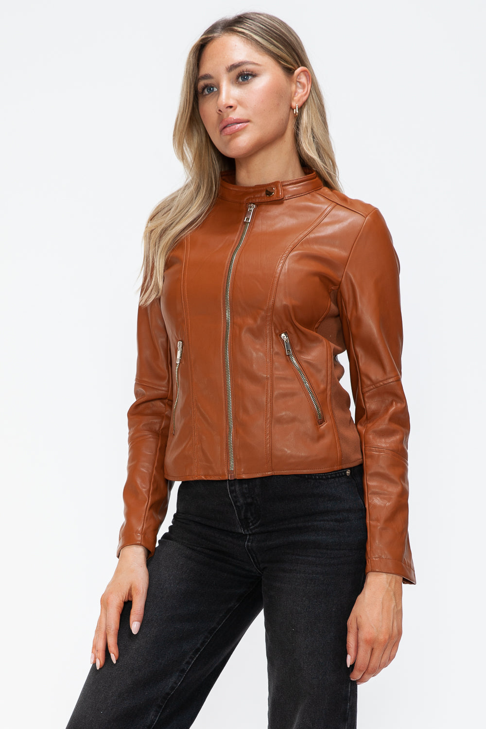 Camel Faux Leather Zip Up Drawstring Hooded Jacket