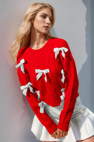 Double Take Full Size Bow Cable-Knit Round Neck Sweater - Fashions Envy