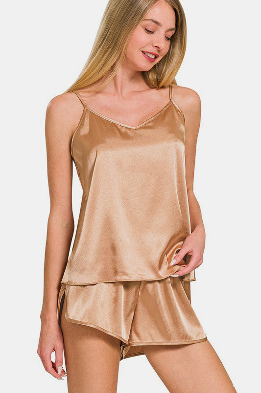 Brush V-Neck Satin Cami and Elastic Waist Shorts Lounge Set