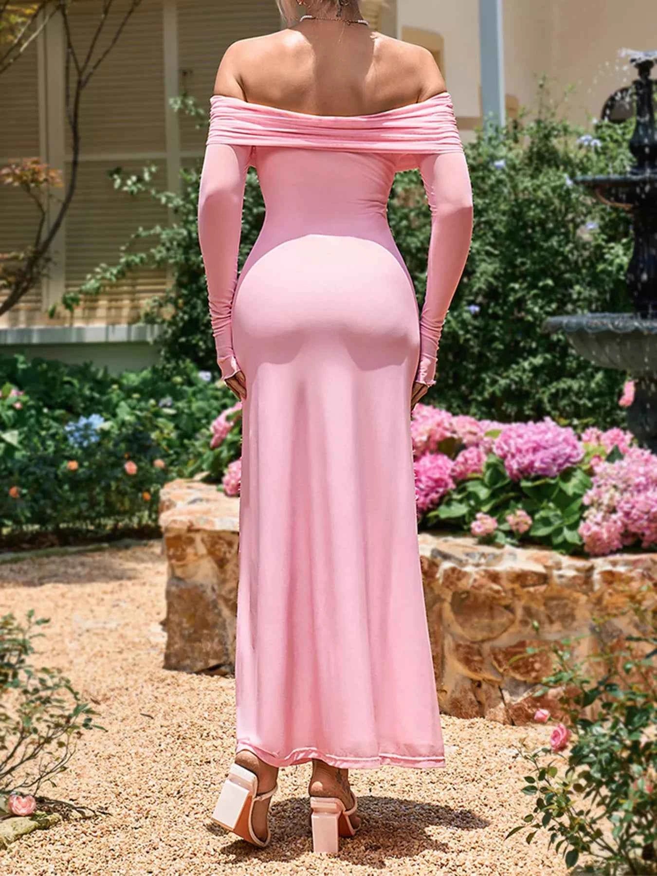 Off-Shoulder Ruched Long Sleeve Maxi Dress