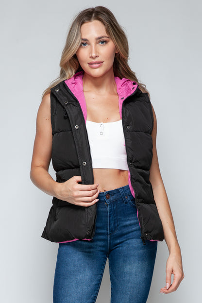 Black/Rose Violet Snap and Zip Closure Hooded Vest