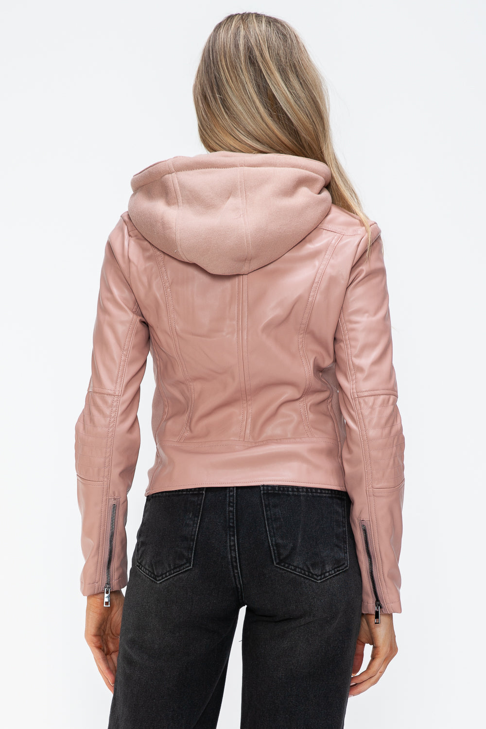 Mauve Faux Leather Zip Up Drawstring Hooded Jacket