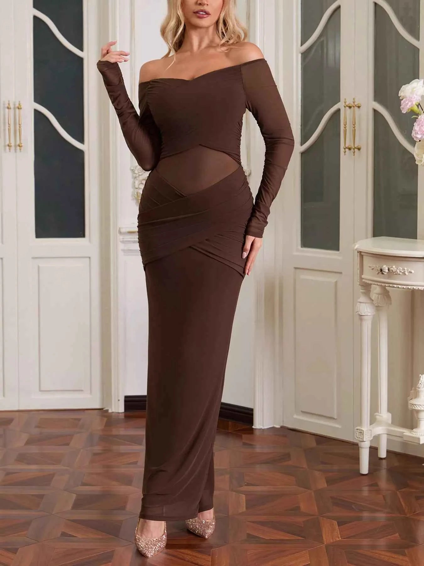 Off-Shoulder Maxi Dress - Ruched Mesh Long Sleeve