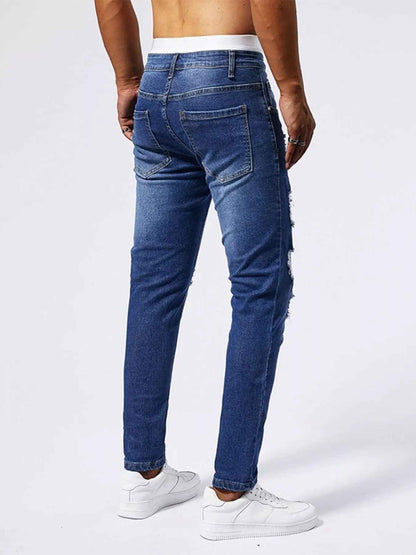 Men's Distressed Jeans - Studded Slim Fit Stretch Denim - Fashions Envy