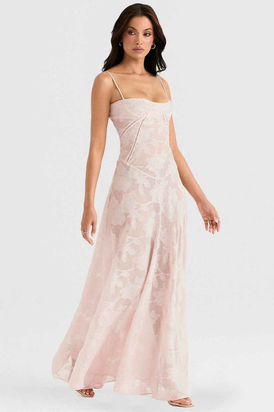 Floral Backless Maxi Dress - Square Neck High Waist Chiffon