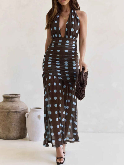 Polka Dot Halter Ruched Maxi Dress