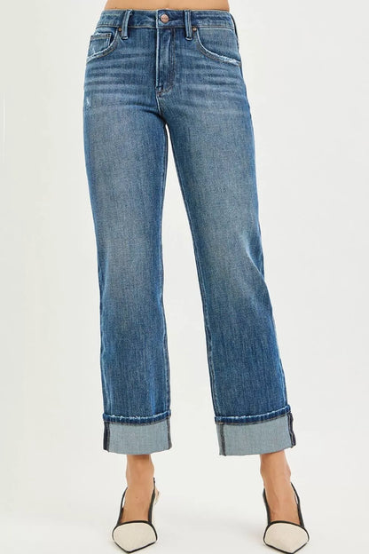 RISEN Slouchy Straight Jeans - 4-Way Stretch Cuffed Hem - Fashions Envy