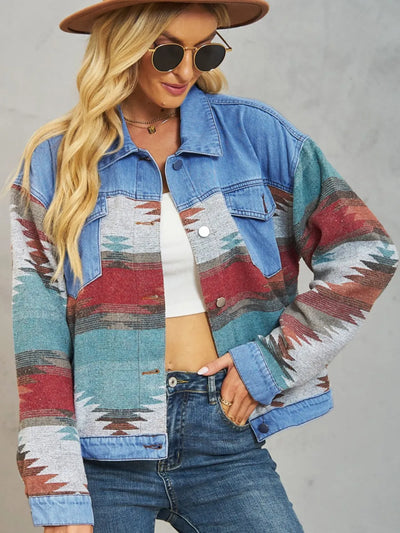 Geometric Dropped Shoulder Denim Jacket - Oversized Style - Fashions Envy