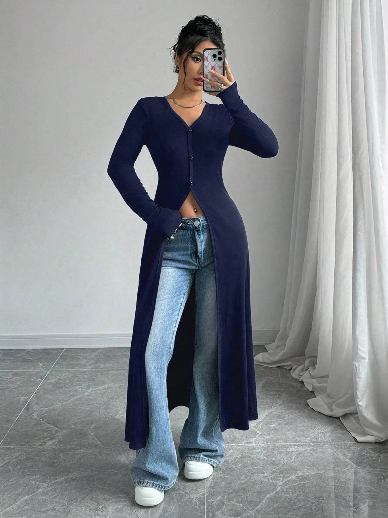 V-Neck Button-Front Longline Cardigan - Long Sweater with Slits - Fashions Envy