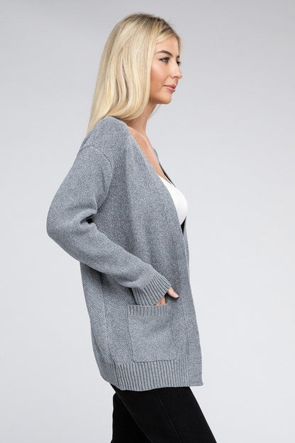 Melange Open Front Sweater Cardigan with Front Pockets