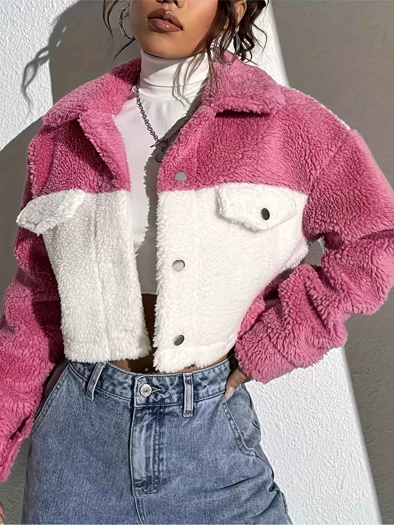 Two-Tone Plush Cropped Jacket - Cozy Button-Up Style - Fashions Envy