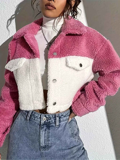 Two-Tone Plush Cropped Jacket - Cozy Button-Up Style - Fashions Envy