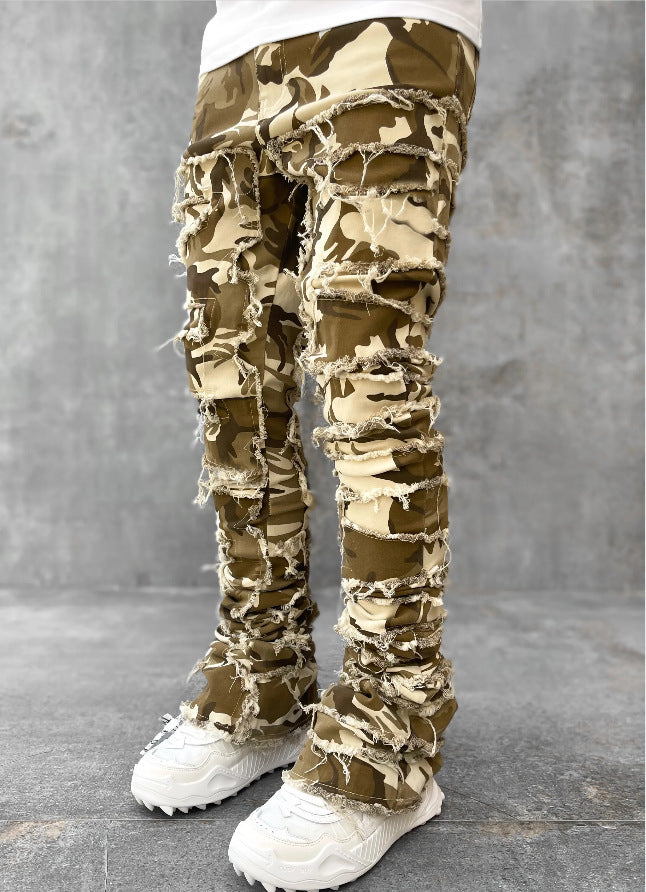 Men's Individual Patched Pants Long Tight Fit Stacked Jeans