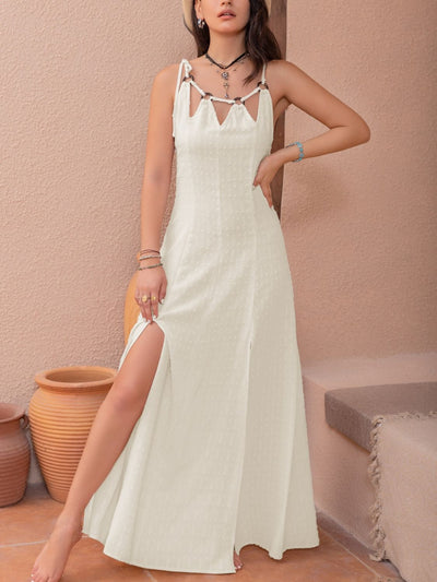 Beige Swiss Dot Cutout Sleeveless Maxi Dress - Fashions Envy