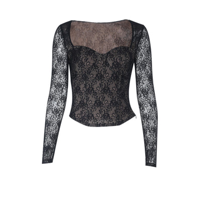 Black Lace Long Sleeve Top - V-Neck Waist Cinched Slim