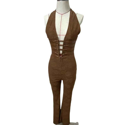 Lace Halter Jumpsuit - Deep V Wide Leg Style - Fashions Envy