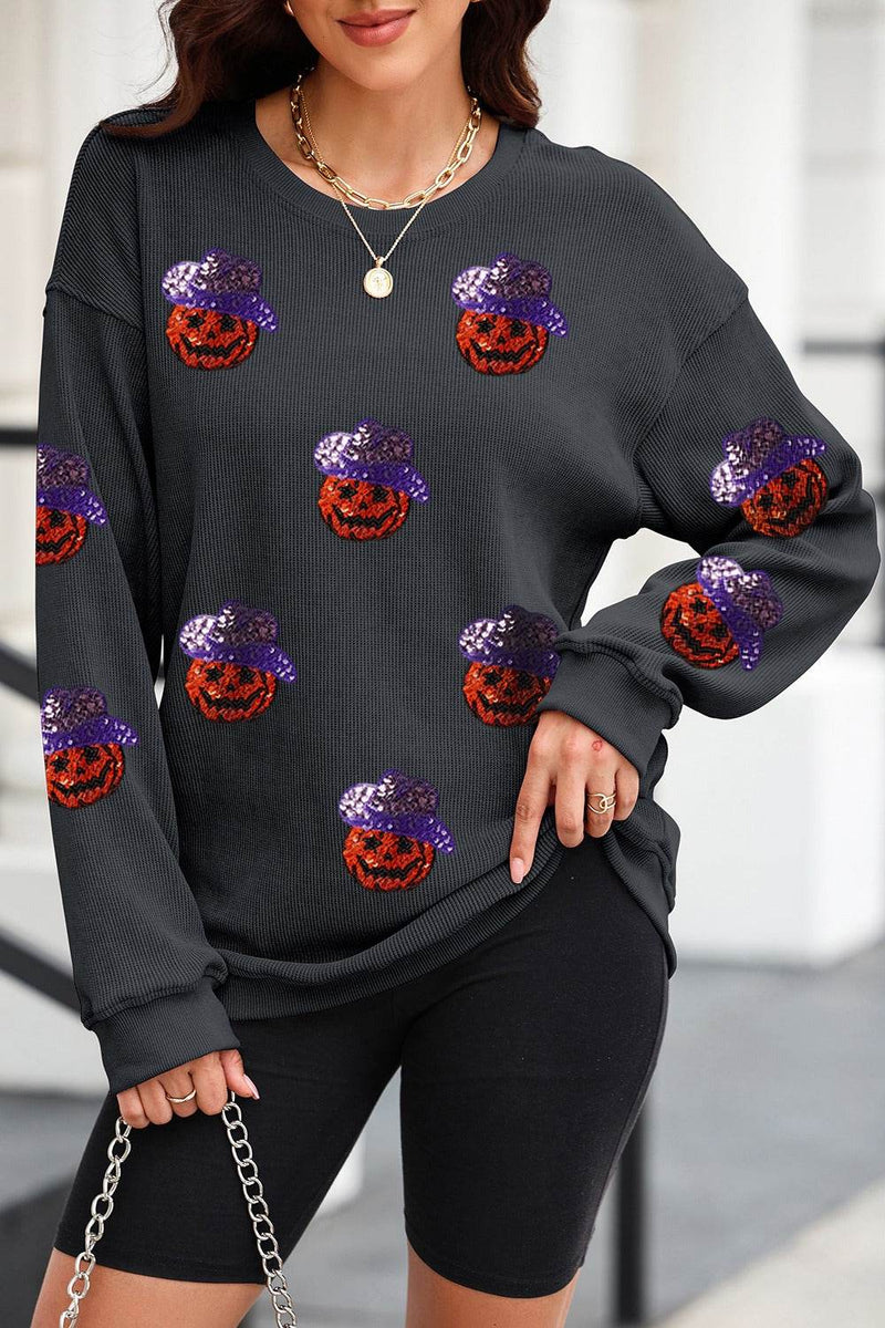 Sequin Pumpkin Long Sleeve Sweatshirt - Fashions Envy