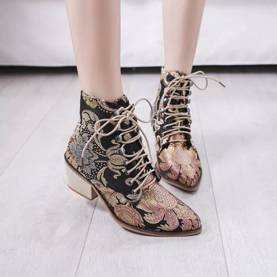 Embroidered Floral Lace-Up Ankle Boots - Fashions Envy