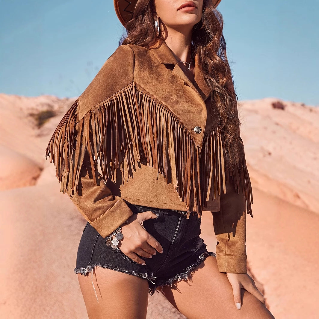 Women's Western Style Brown Suede Fringe Jacket - Vacation Outerwear