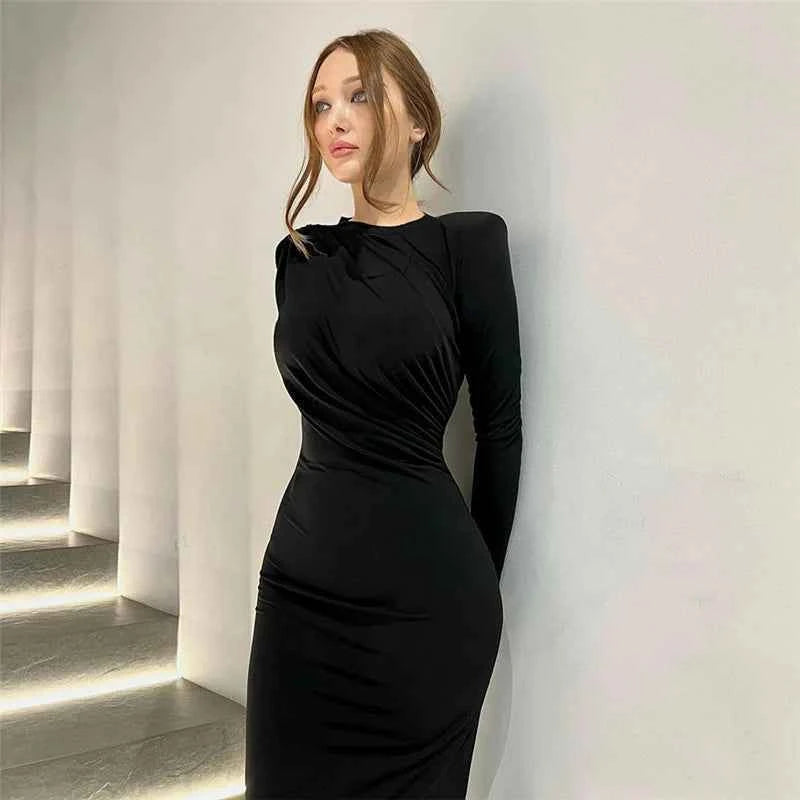 Pleated Maxi Dress - Bodycon Fitted Long Sleeve Elegant