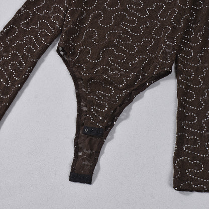 Lace Sequin Bodysuit and Skirt Set - Brown Mini Outfit