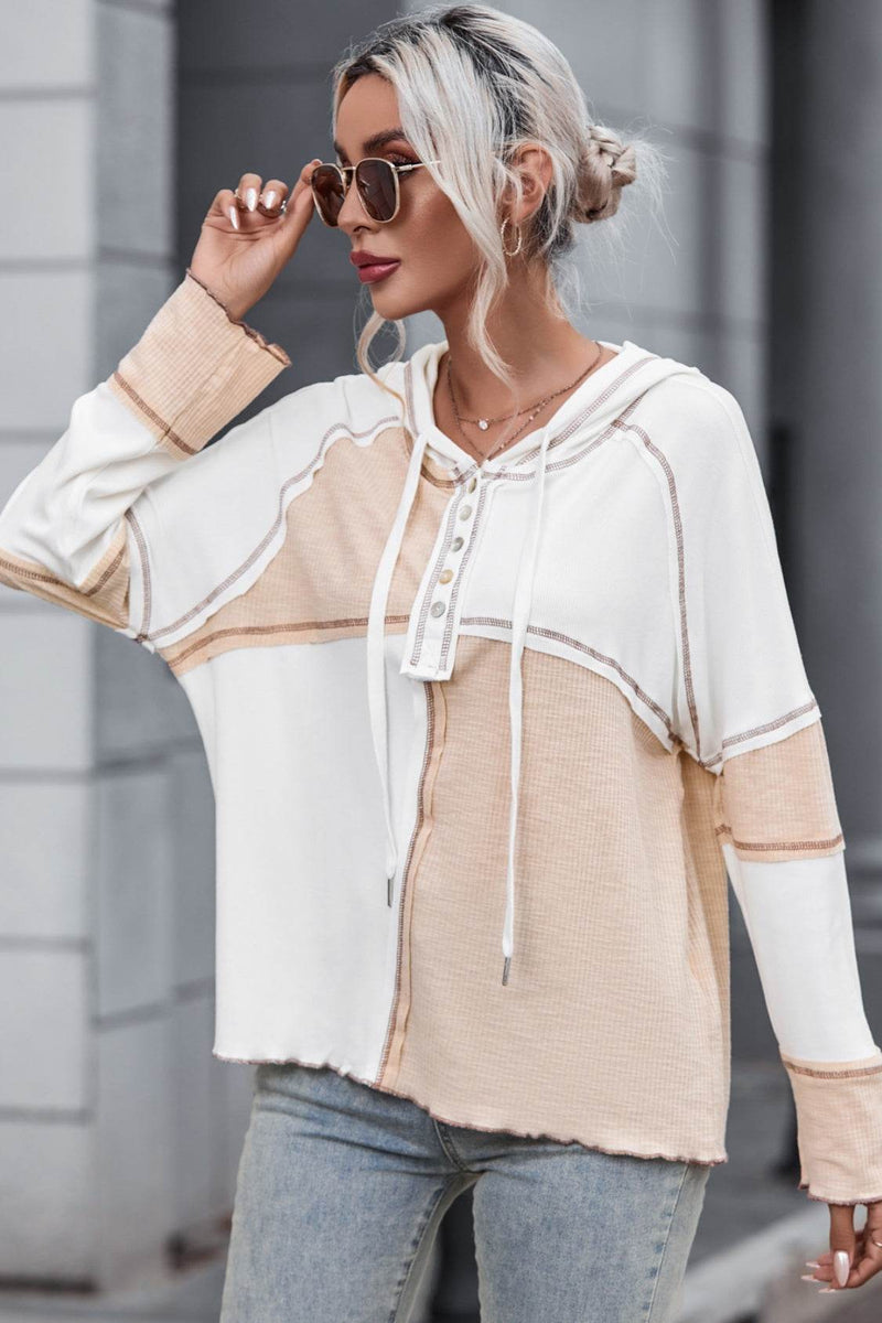 Multicolor Colorblock Ribbed Henley Hoodie - Fashions Envy
