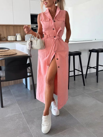 Button Front Sleeveless Denim Dress - Fashions Envy