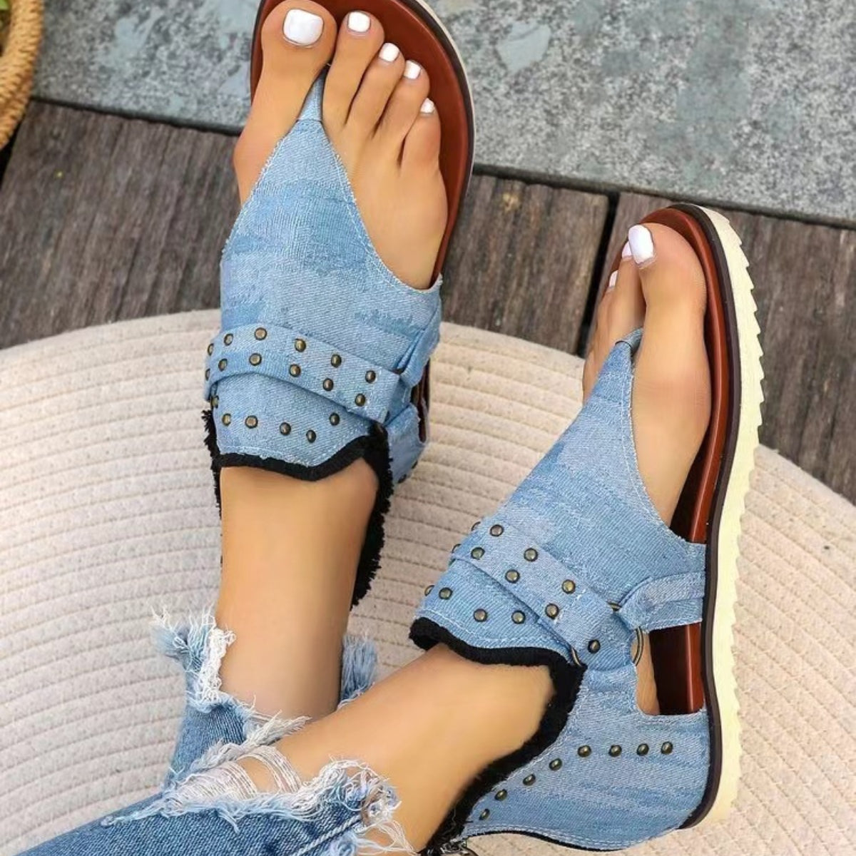 Studded Raw Hem Flat Sandals - Fashions Envy