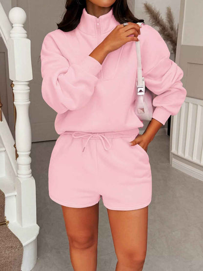 Zip-Up Sweatshirt & Shorts Set - Casual Loungewear - Fashions Envy