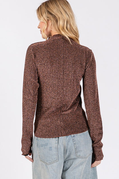 Brown Glitter Mock Neck Lettuce Hem Long Sleeve Top