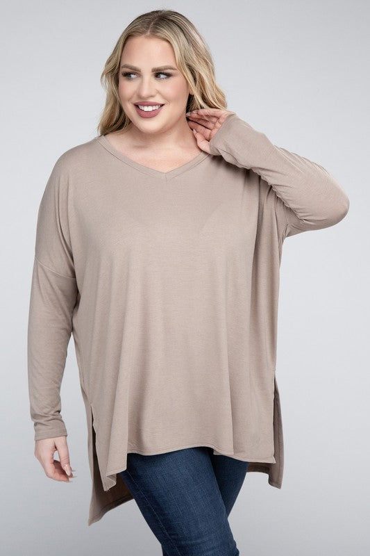 Plus Dolman Sleeve V-Neck Side Slit Hi-Low Hem Top