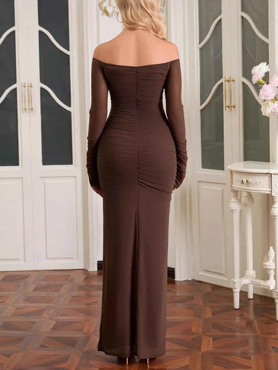 Off-Shoulder Maxi Dress - Ruched Mesh Long Sleeve