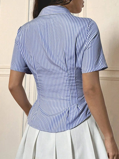 Trendsi blue and white striped Short Sleeve Button-Up Shirt back view showing fitted waist with pleated skirt