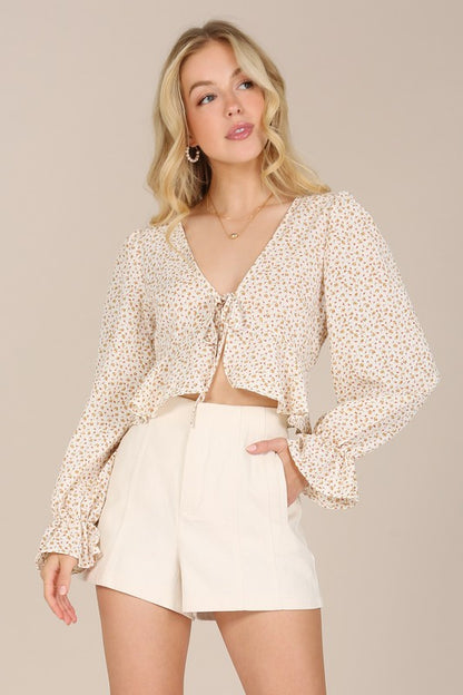 Long Puff Sleeve Floral V-Neck Blouse