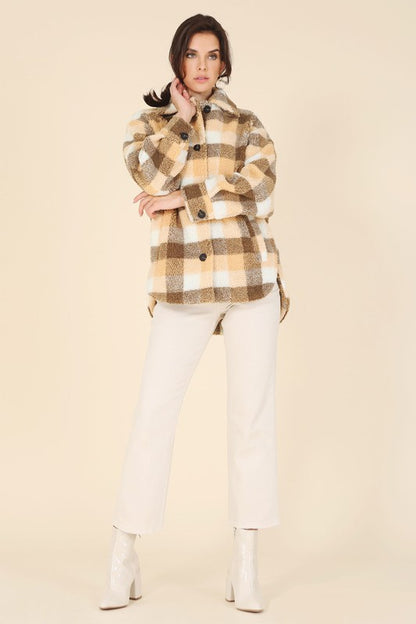 Brown Orange Plaid Check Sherpa Jacket with Pockets