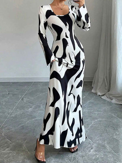 Abstract Print Maxi Dress - Long Sleeve Tie Back Style - Fashions Envy