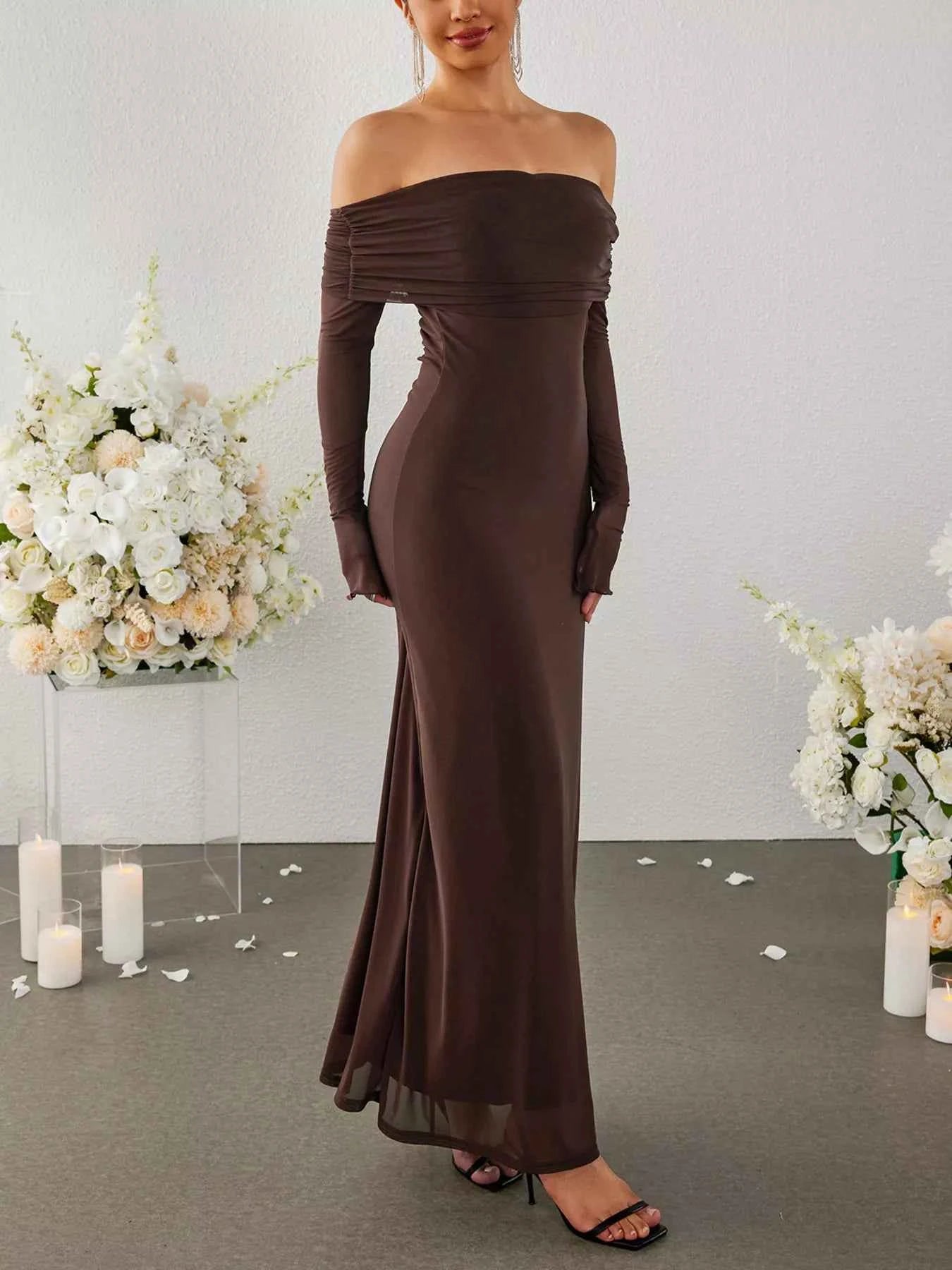 Off-Shoulder Ruched Long Sleeve Maxi Dress