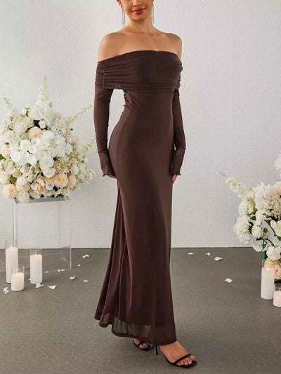 Off-Shoulder Ruched Long Sleeve Maxi Dress