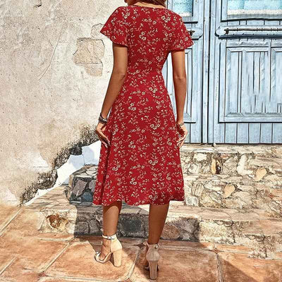 Bohemian Floral Print Midi Dress - Flowy Button Up