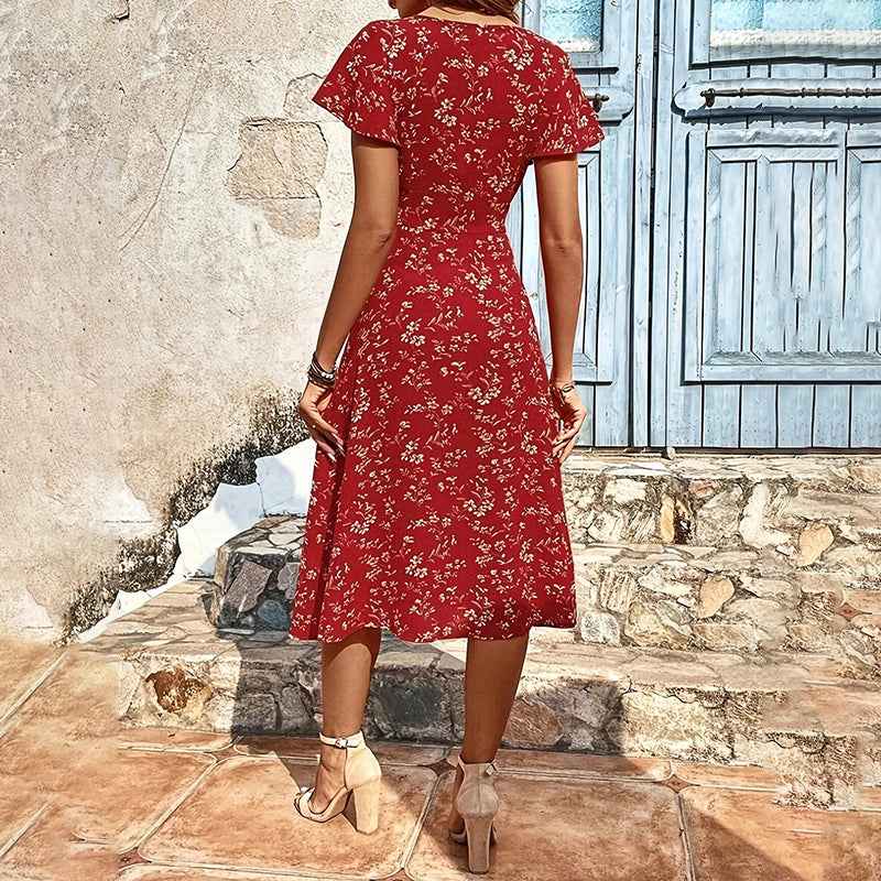 Bohemian Floral Print Midi Dress - Flowy Button Up