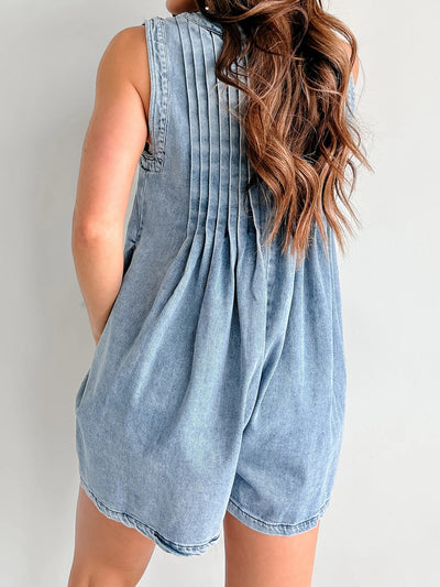 V-neck Pleated Tied Romper with Pockets
