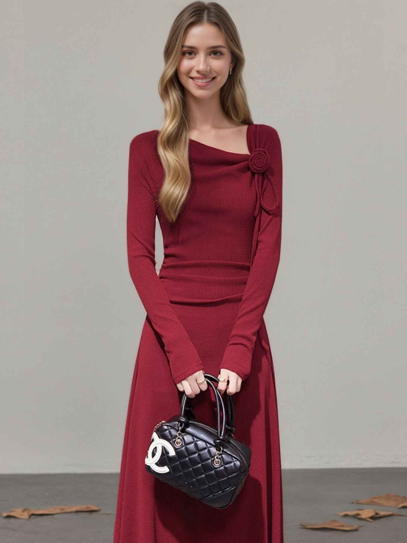 Long Sleeve Maxi Dress - Flower Asymmetrical Neckline Gown
