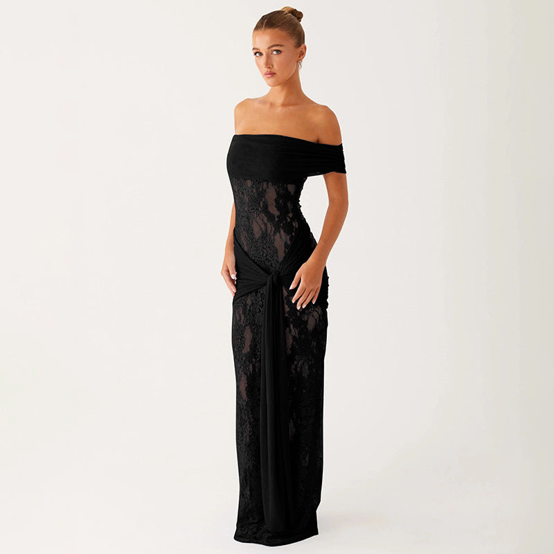 Sheer Mesh and Lace Maxi Dress - Sleeveless Off-Shoulder