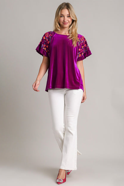 Violet Full Size Velvet Embroidery Short Sleeve Blouse